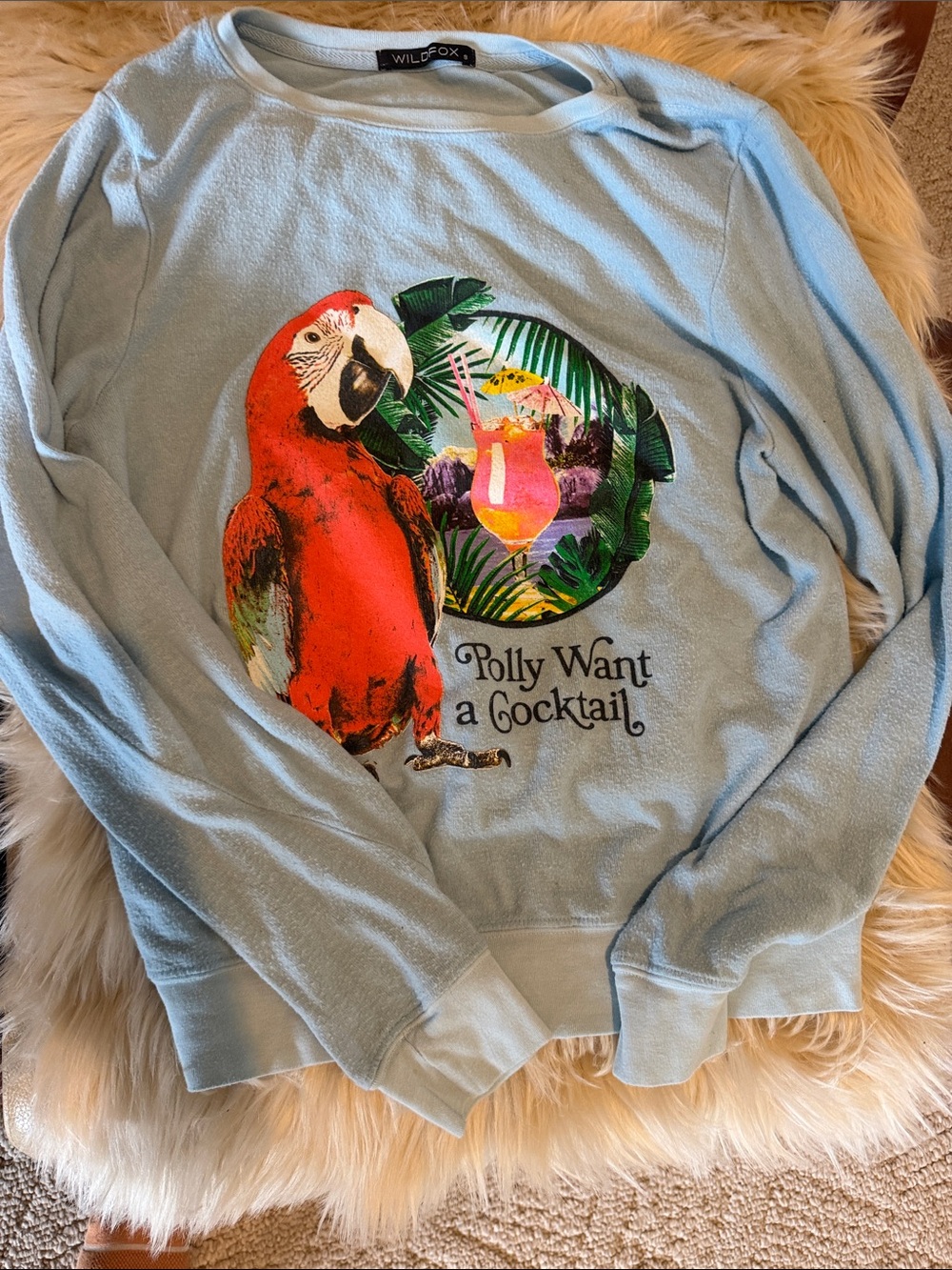 Wildfox Light Blue Parrot Cocktail Graphic Sweatshirt